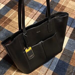 Ralph Lauren Double RL Black Leather Tote